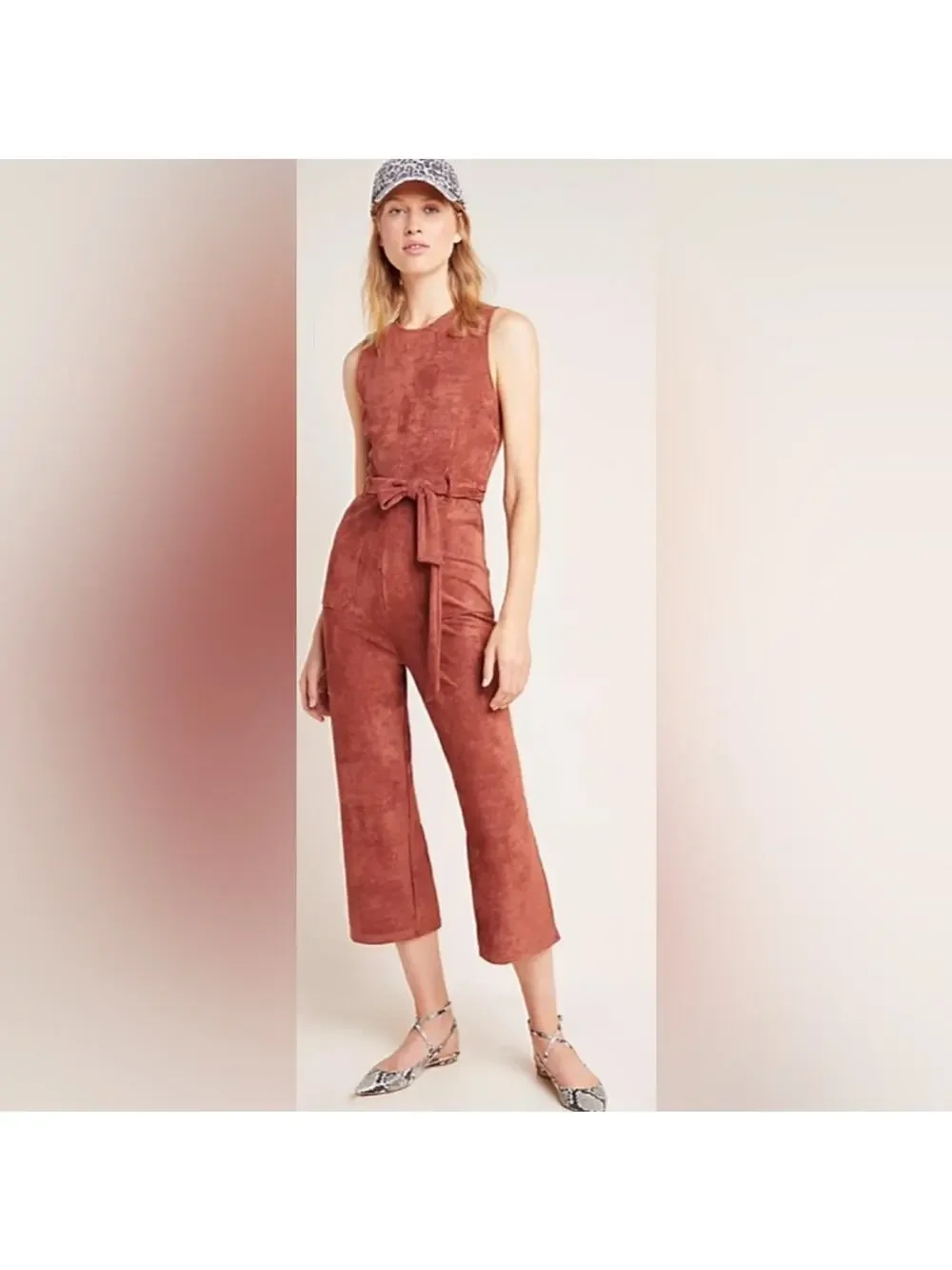 Anthropologie Faux Suede Belted Jumpsuit in Cedar Size Medium‎ EUC